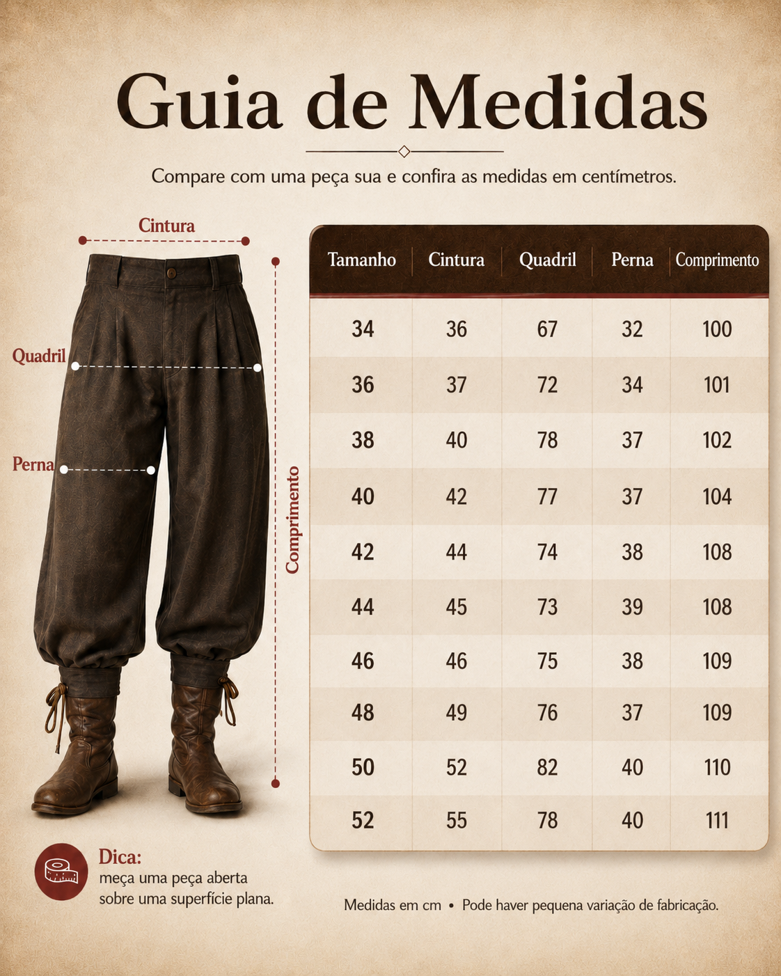 Tabela de Medidas Bombacha Payador Buenaca
